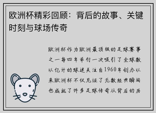 欧洲杯精彩回顾：背后的故事、关键时刻与球场传奇